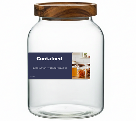 3 PC GLASS JAR WITH WOOD TOP 500ML