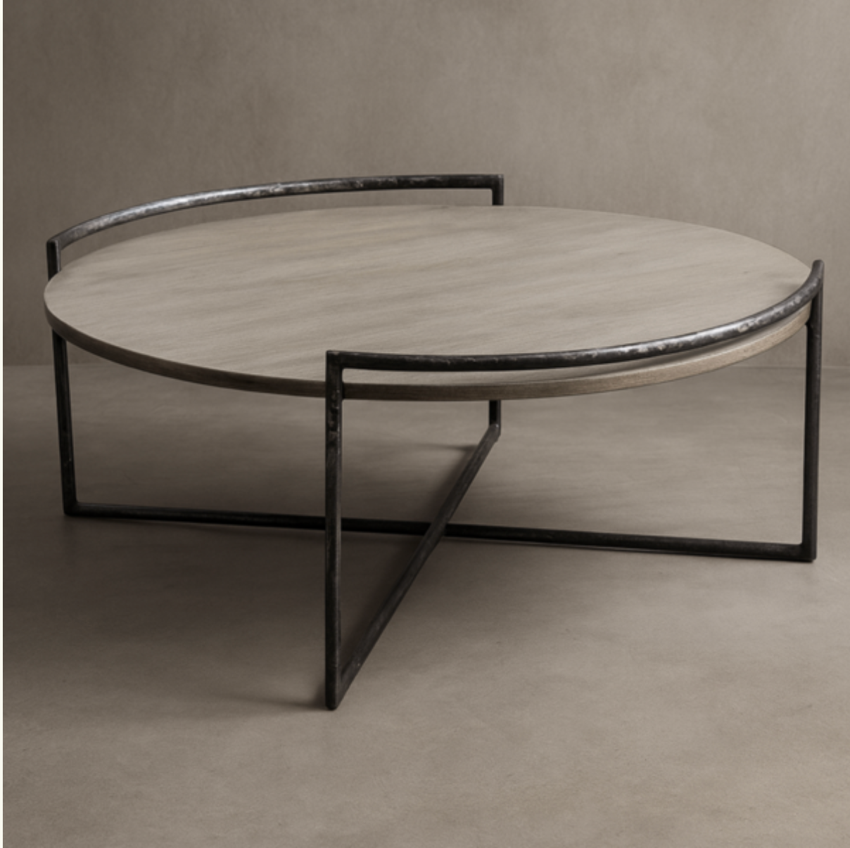 CIRCULAR WOOD AND IRON COFFEE TABLE