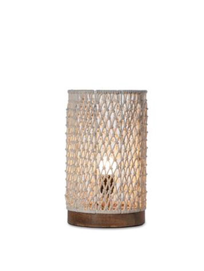 WOOD AND MACRAME KNIT UPLIGHTER