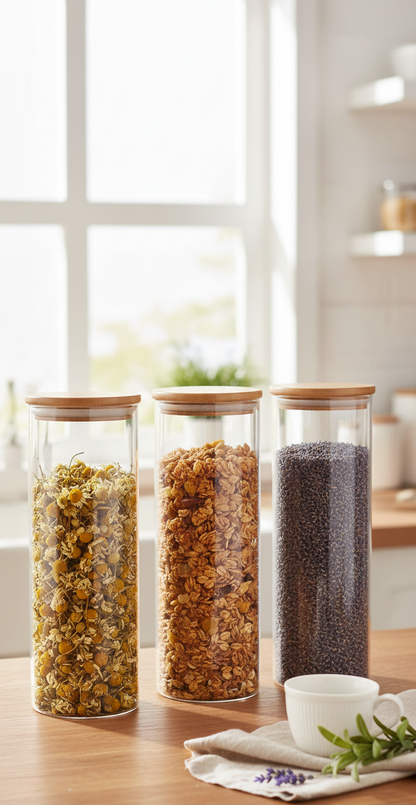 3 PC BAMBOO TOP GLASS CONTIANER 1800ML