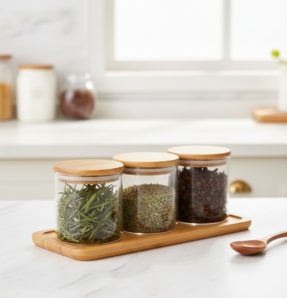 3 PC BAMBOO TOP GLASS CONTAINER 500ML