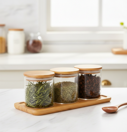 3 PC BAMBOO TOP GLASS CONTAINER 500ML