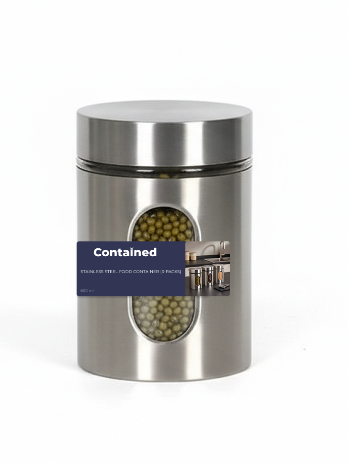 3 PC 304 STAINLESS STEEL FOOD CONTAINER 600ML