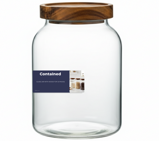 3 PC GLASS JAR WITH WOOD TOP 1300ML