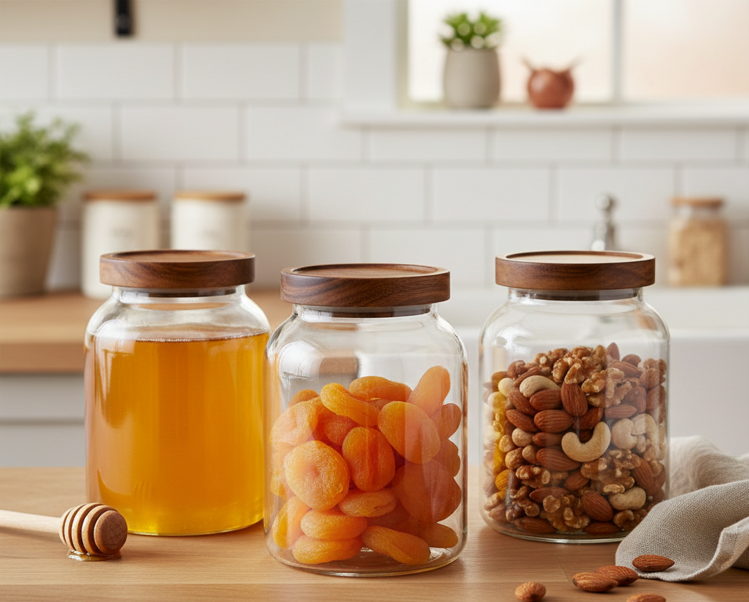 3 PC GLASS JAR WITH WOOD TOP 500ML