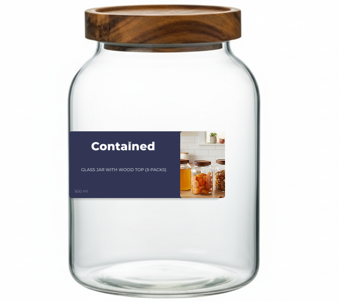 3 PC GLASS JAR WITH WOOD TOP 500ML