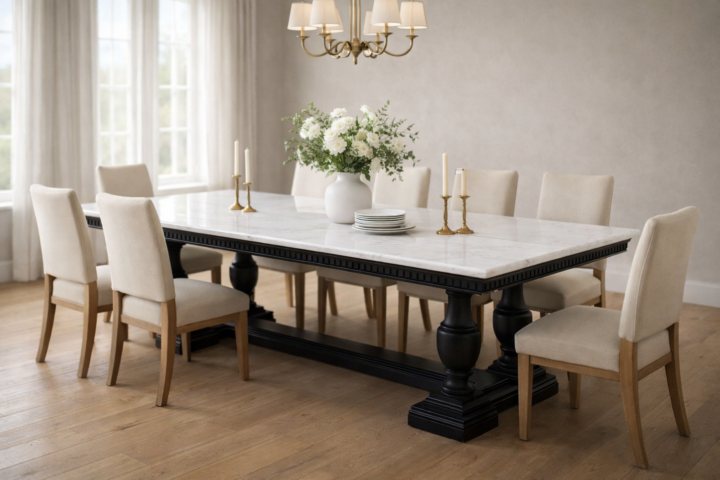 8 SEATER ENGLISH TRESTLE TABLE WITH MARBLE TOP - 8FT X 3.5FT