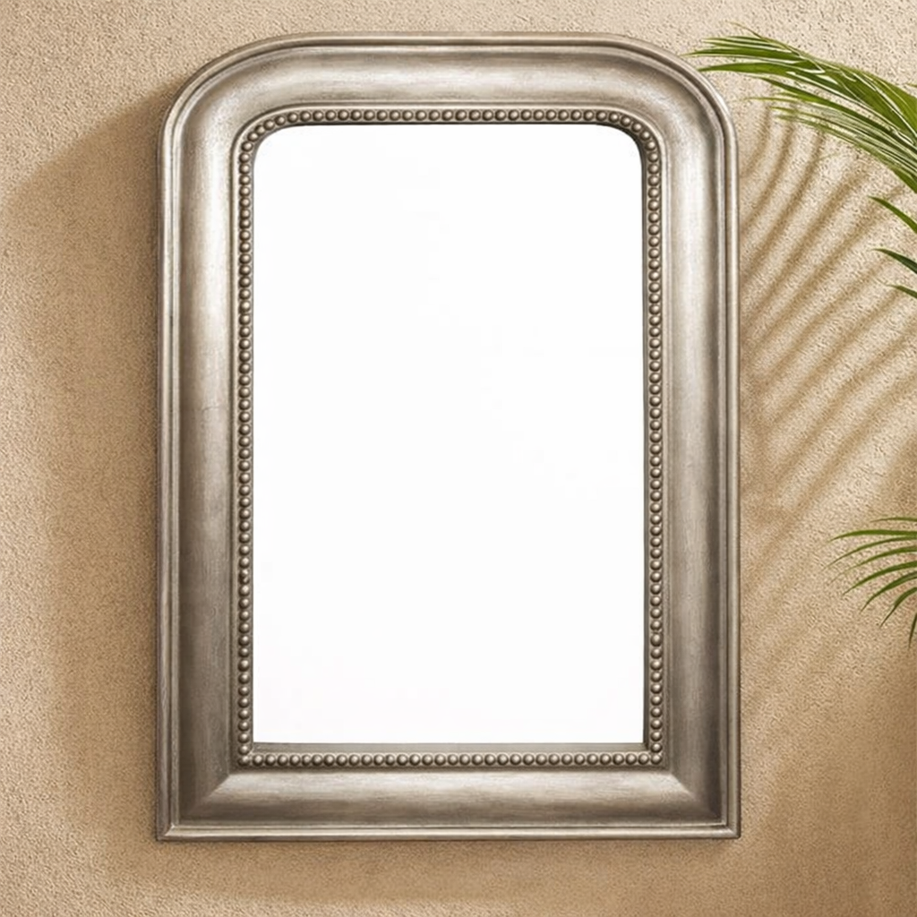 BEADED WOOD MIRROR WITH CURVED EDGES