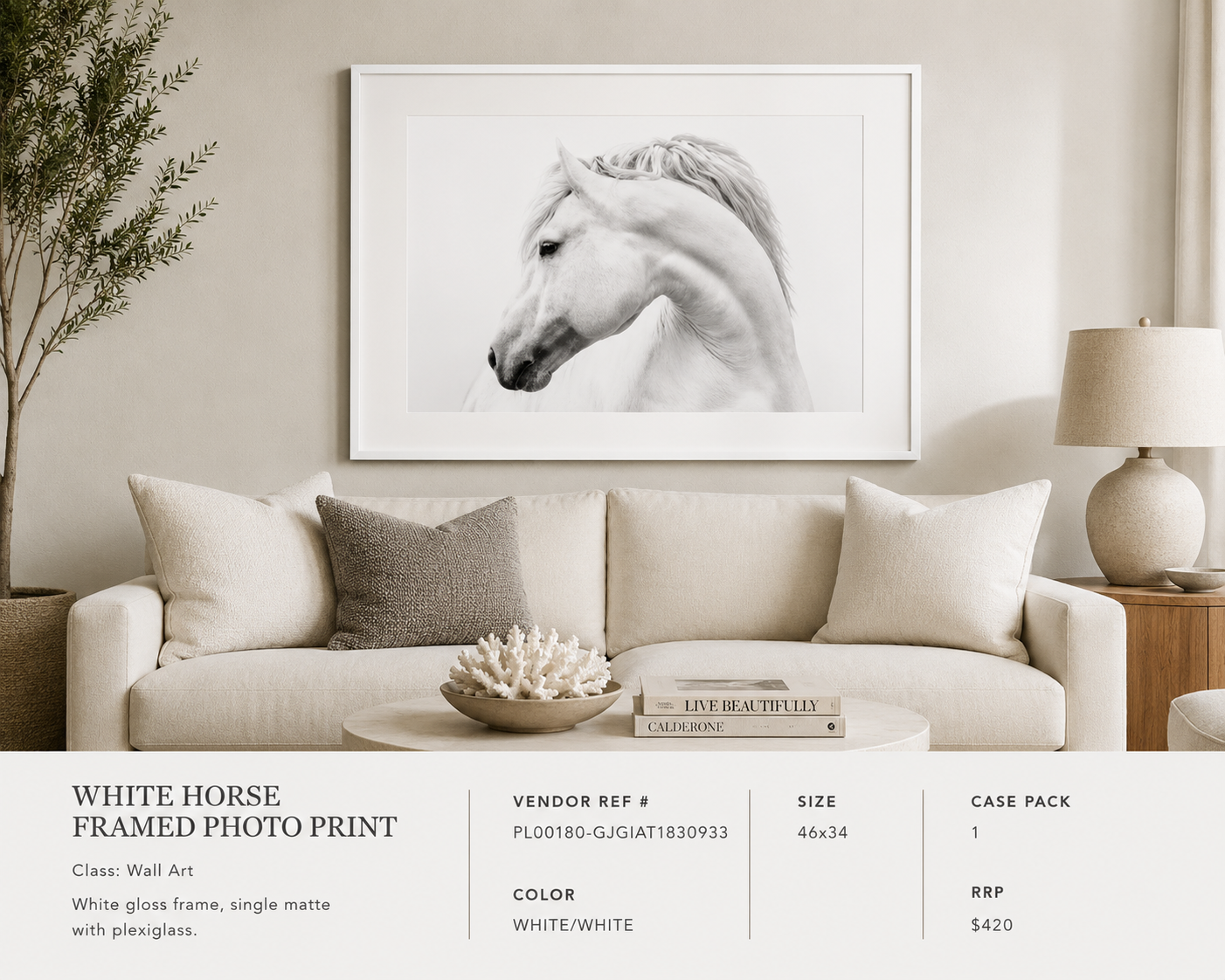WHITE HORSE FRAMED PHOTO PRINT