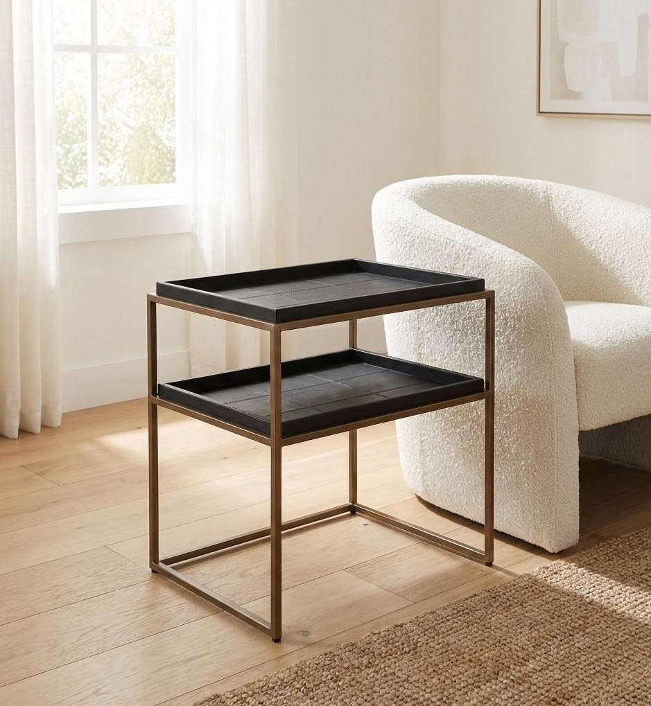 MINIMALIST 2 TIER LEATHER TRAY SIDE TABLE