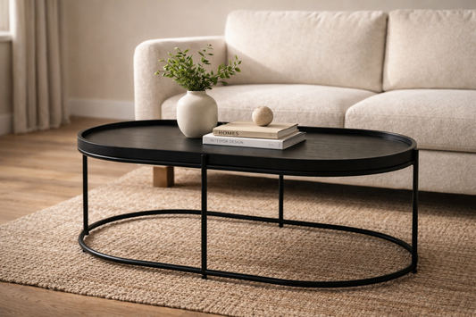 MINIMALIST SET OF 2 IRON NESTING TABLES WITH WOOD VENEER TOPS