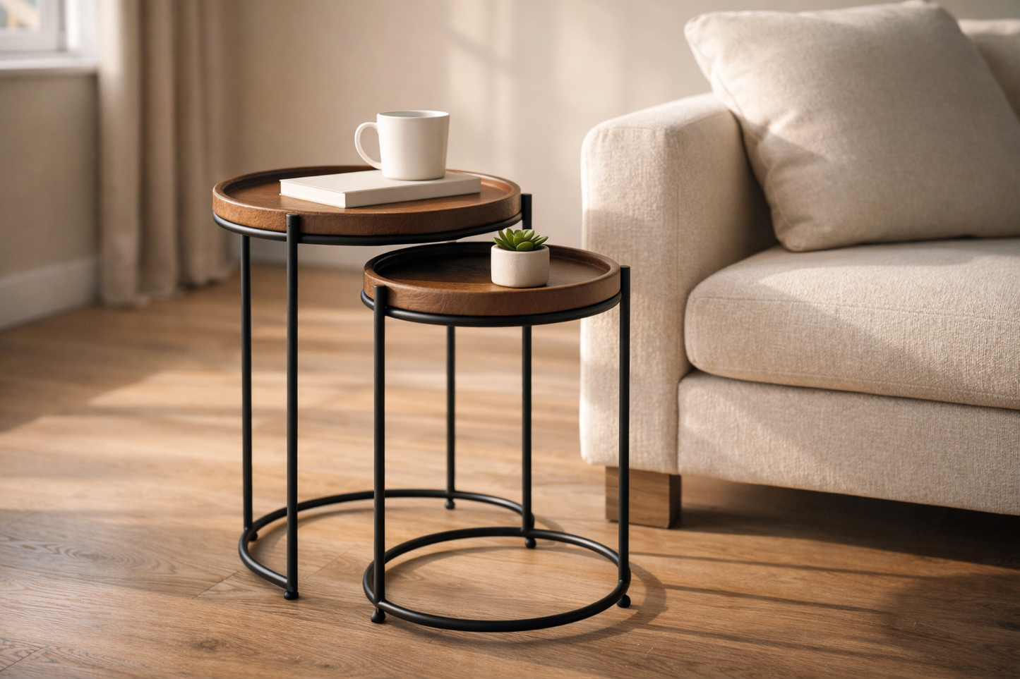 SET OF 2 LEATHER TOP NESTING TABLES