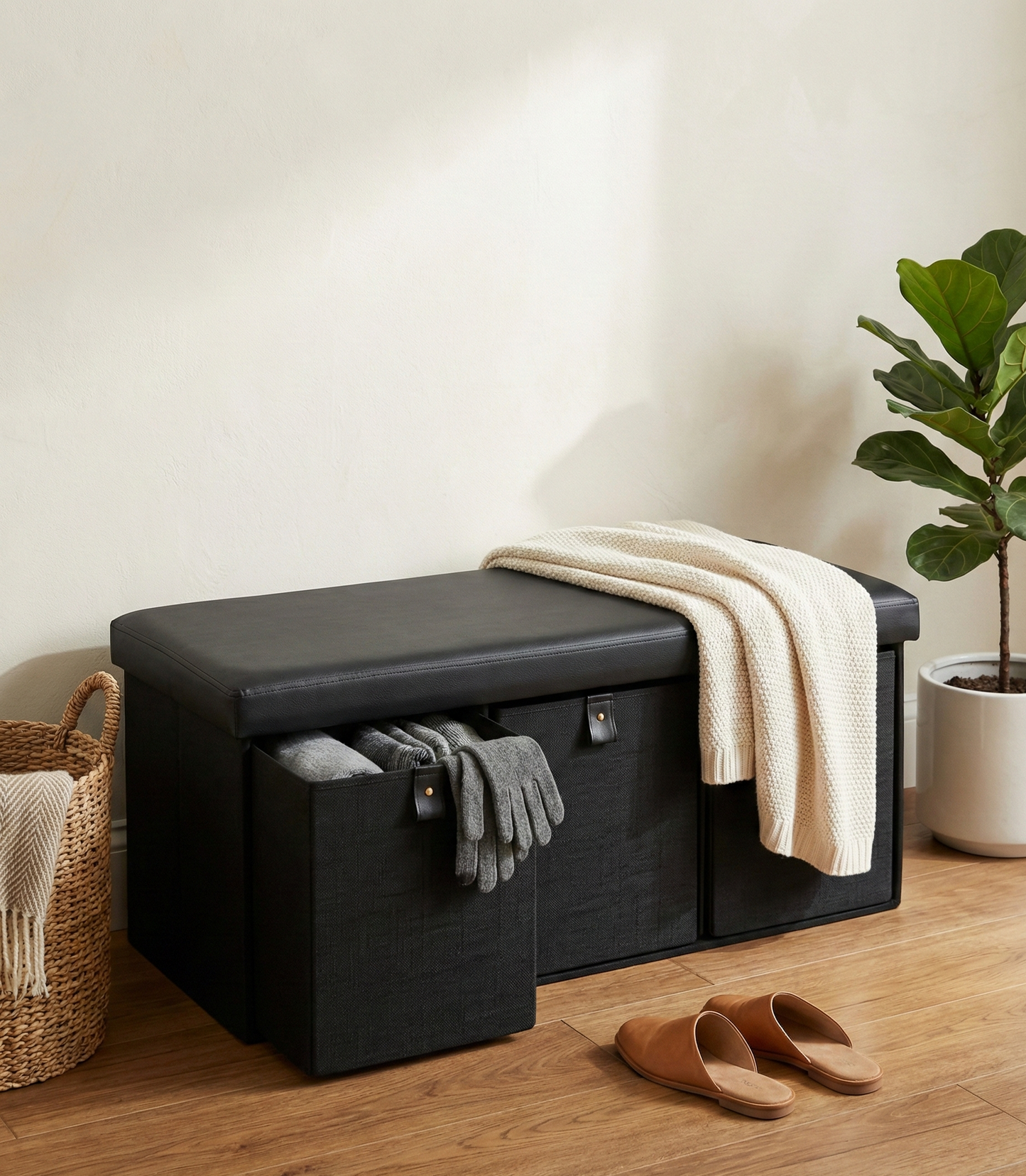 FOLDING STORAGE OTTOMAN WITH 3 DRAWERS