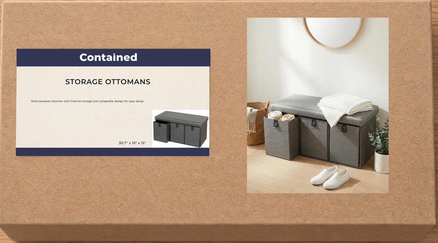 FOLDING STORAGE OTTOMAN WITH 3 DRAWERS