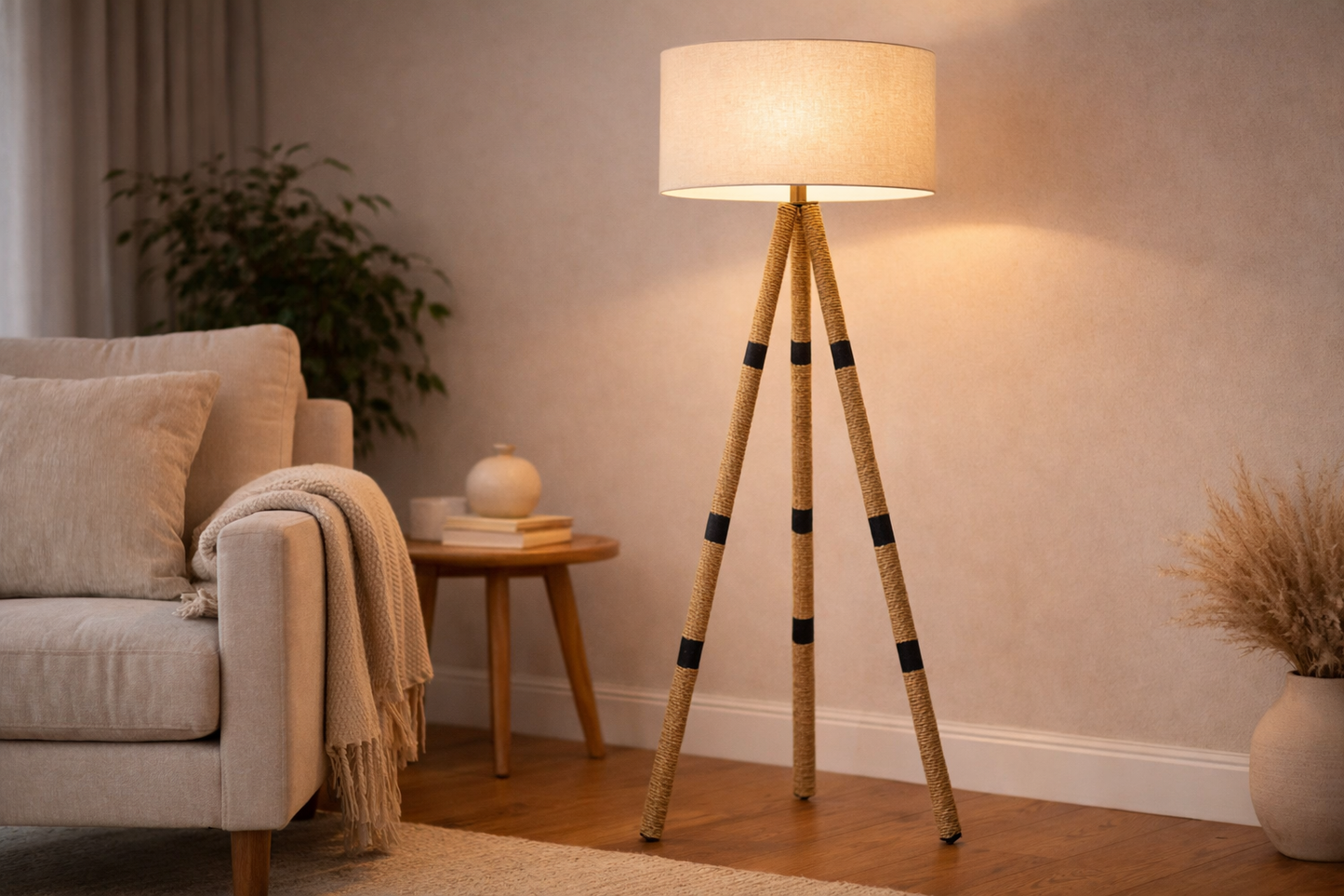 STRIPED SEAGRASS WRAPPED FLOOR LAMP