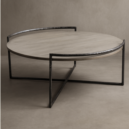 CIRCULAR WOOD AND IRON COFFEE TABLE