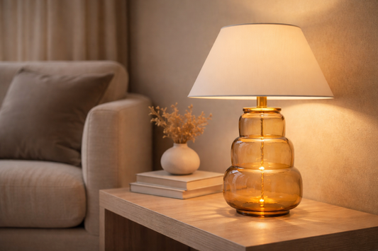 TIERED GLASS TABLE LAMP WITH CONE SHADE
