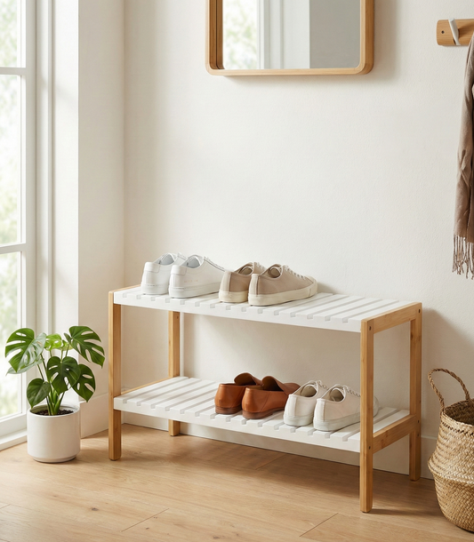 Bamboo Frame Shoe Rack White Slatted 2 Layer