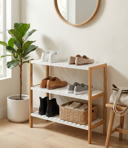 BAMBOO FRAME SHOE RACK WHITE SLATTED 3 LAYER
