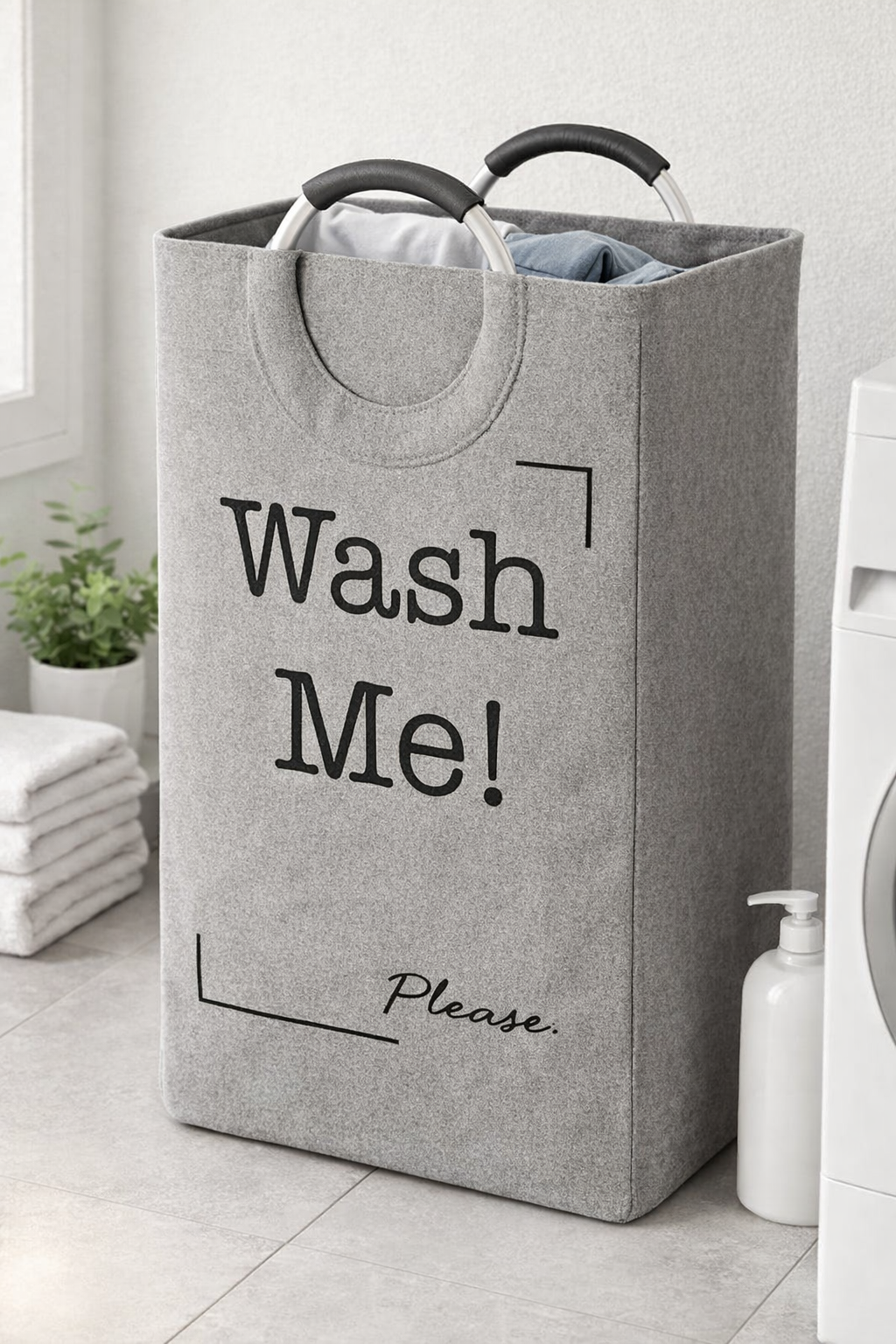 WASH ME FABRIC LAUNDRY HAMPER TOTE WITH ROUND HANDLE
