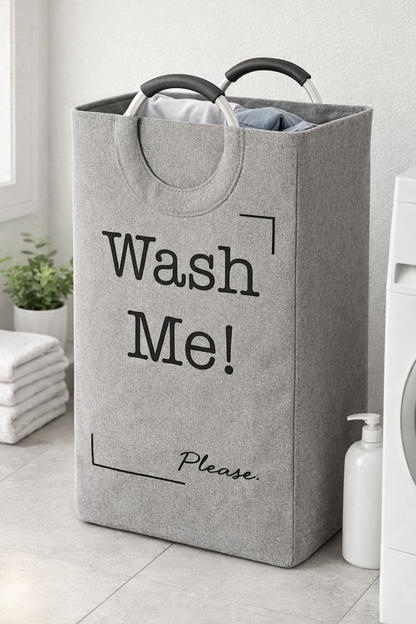 WASH ME FABRIC LAUNDRY HAMPER TOTE WITH ROUND HANDLE