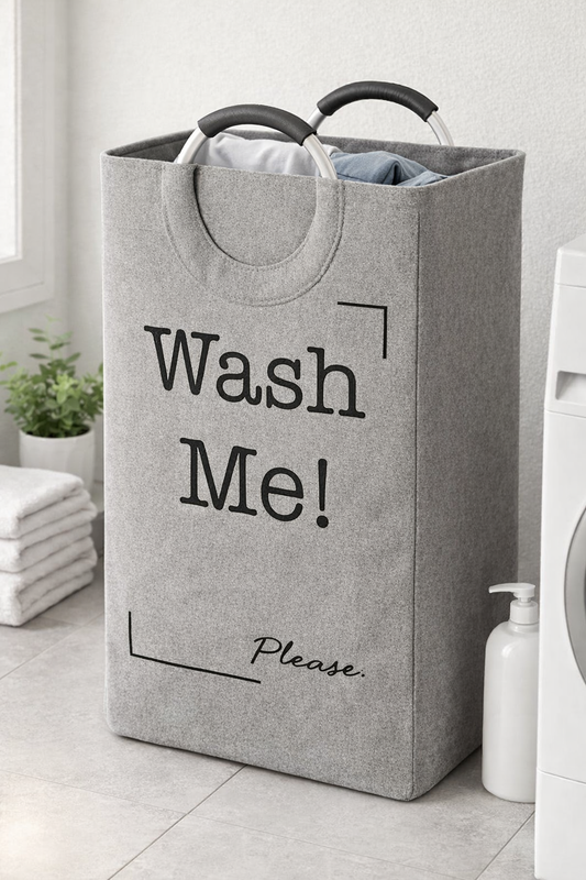 WASH ME FABRIC LAUNDRY HAMPER TOTE WITH ROUND HANDLE