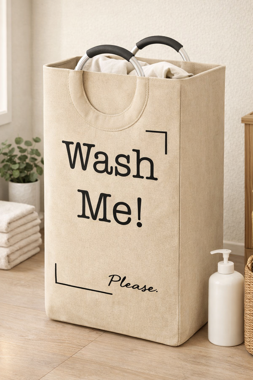 WASH ME FABRIC LAUNDRY HAMPER TOTE WITH ROUND HANDLE